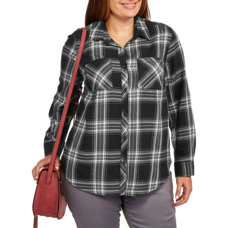 Women's Plus Plaid Button Down 2 Pocket Shirt - Walmart.com