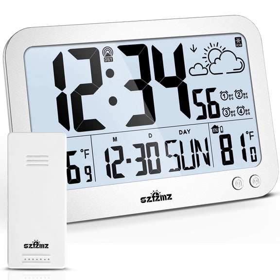 SZFZMZ Digital Wall Clocks, Battery Operated with Backlight, Wireless Outdoor Sensor, Alarm Clock Indoor Outdoor Temp, 4 Time Zones, Auto DST, Silver