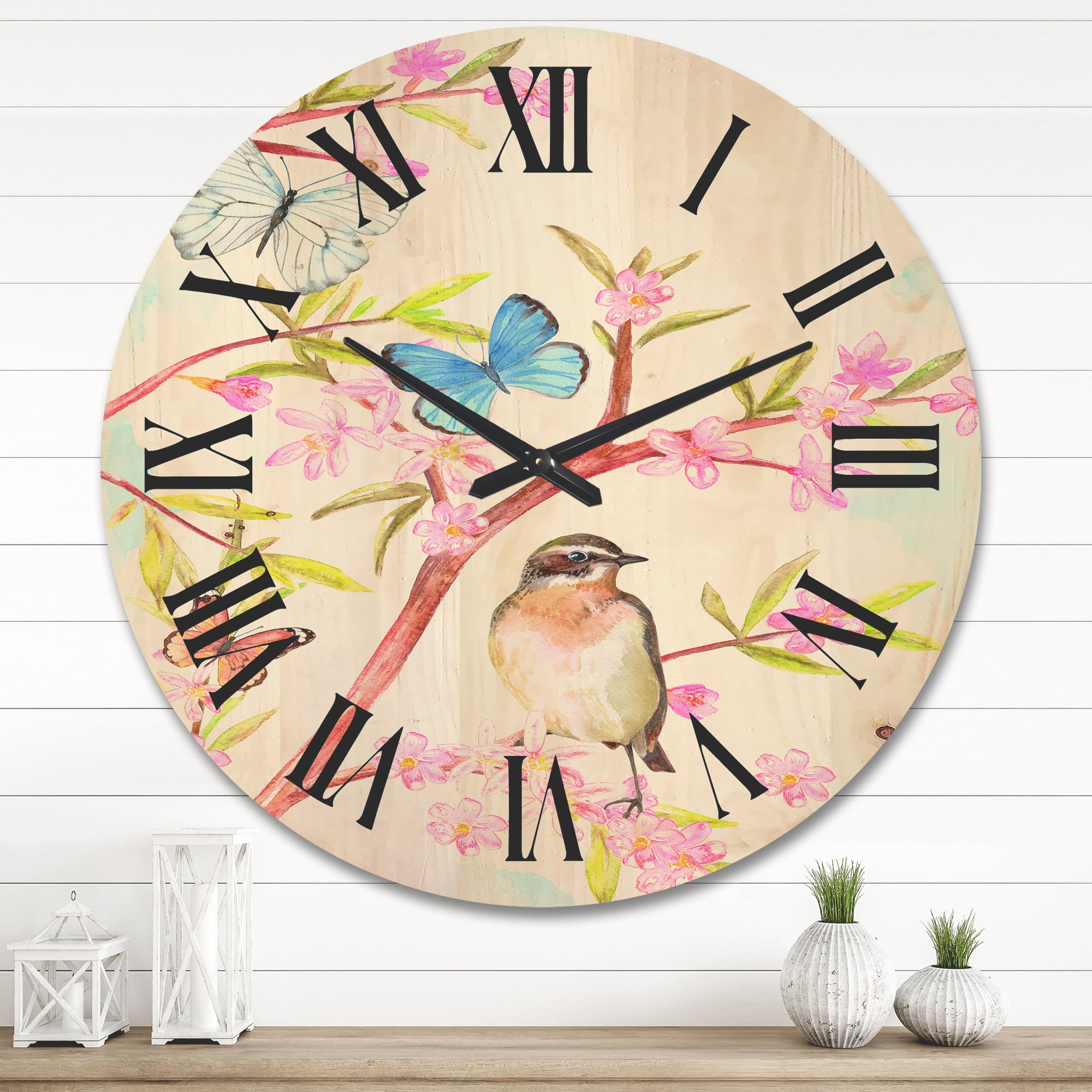 Designart 'Clever Bird Sitting On Branch of A Spring Tree With Butterflies' Traditional Wood Wall Clock