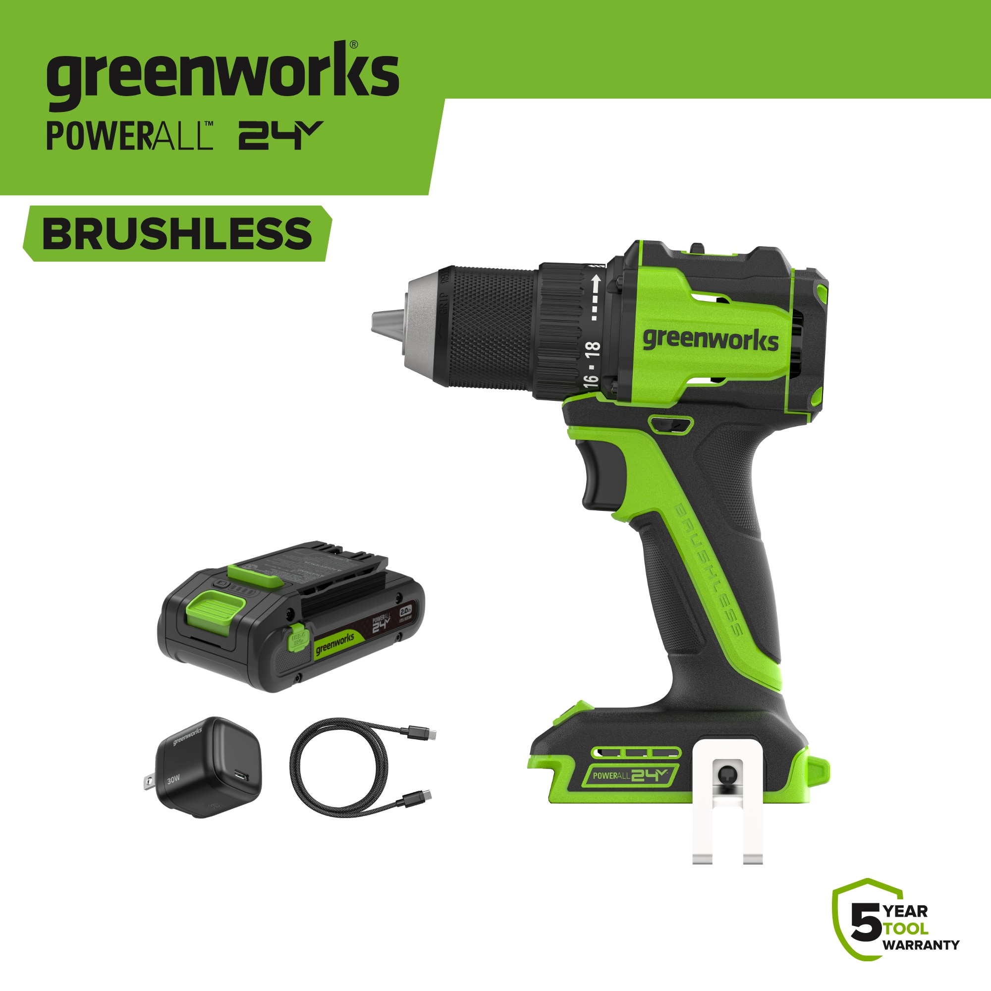 Greenworks 400 lbs 2 Speed 1/2" Drill Driver and 2 Ah Battery, PowerAll, DD340A1