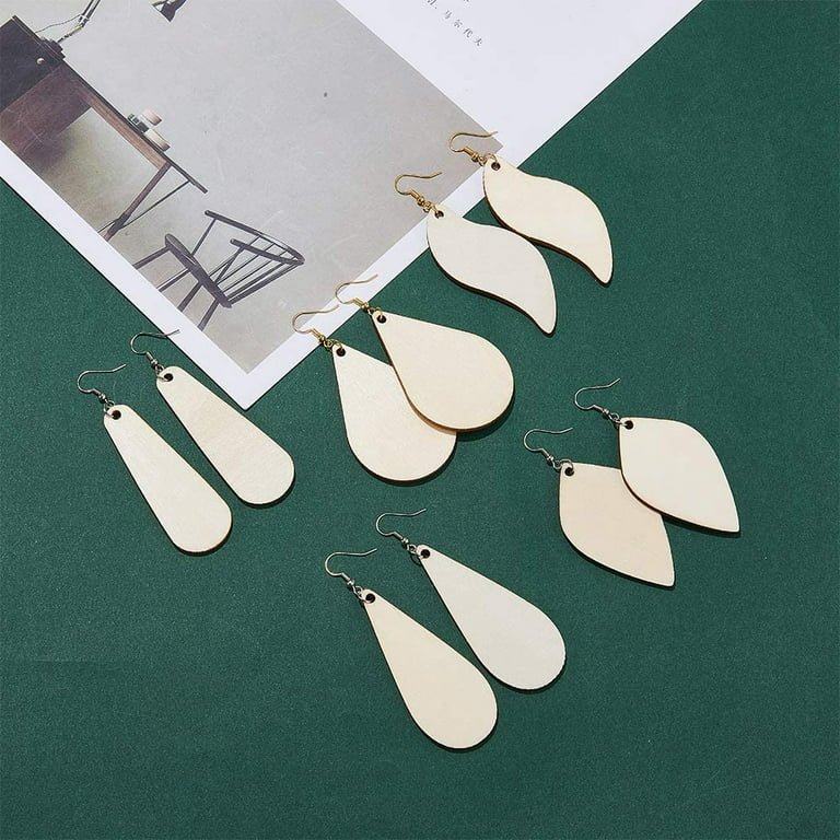 Wood Earring Findings,50 Pcs Unfinished Wood Earring Blanks Dangle Earrings Wood Charms with 60 Earring Hooks and 60 Jump Rings for Earrings Jewelry D