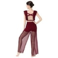 thumbnail image 3 of IBTOM CASTLE Women Two Piece Lyrical Dance Outfit Criss Cross Crop Tops + Mesh Tulle Wide Leg Pants Modern Contemporary Dancewear XL Wine Red, 3 of 8