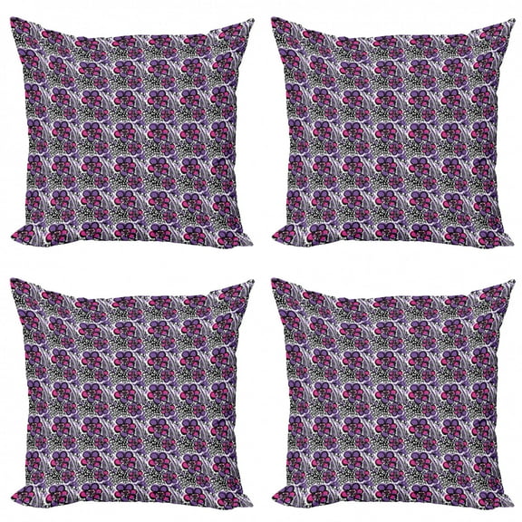 Abstract Throw Pillow Cushion Case Pack of 4, Composition with Doodle Style Brush Strokes Modern, Modern Accent Double-Sided Print, 4 Sizes, Magenta Blue Violet, by Ambesonne