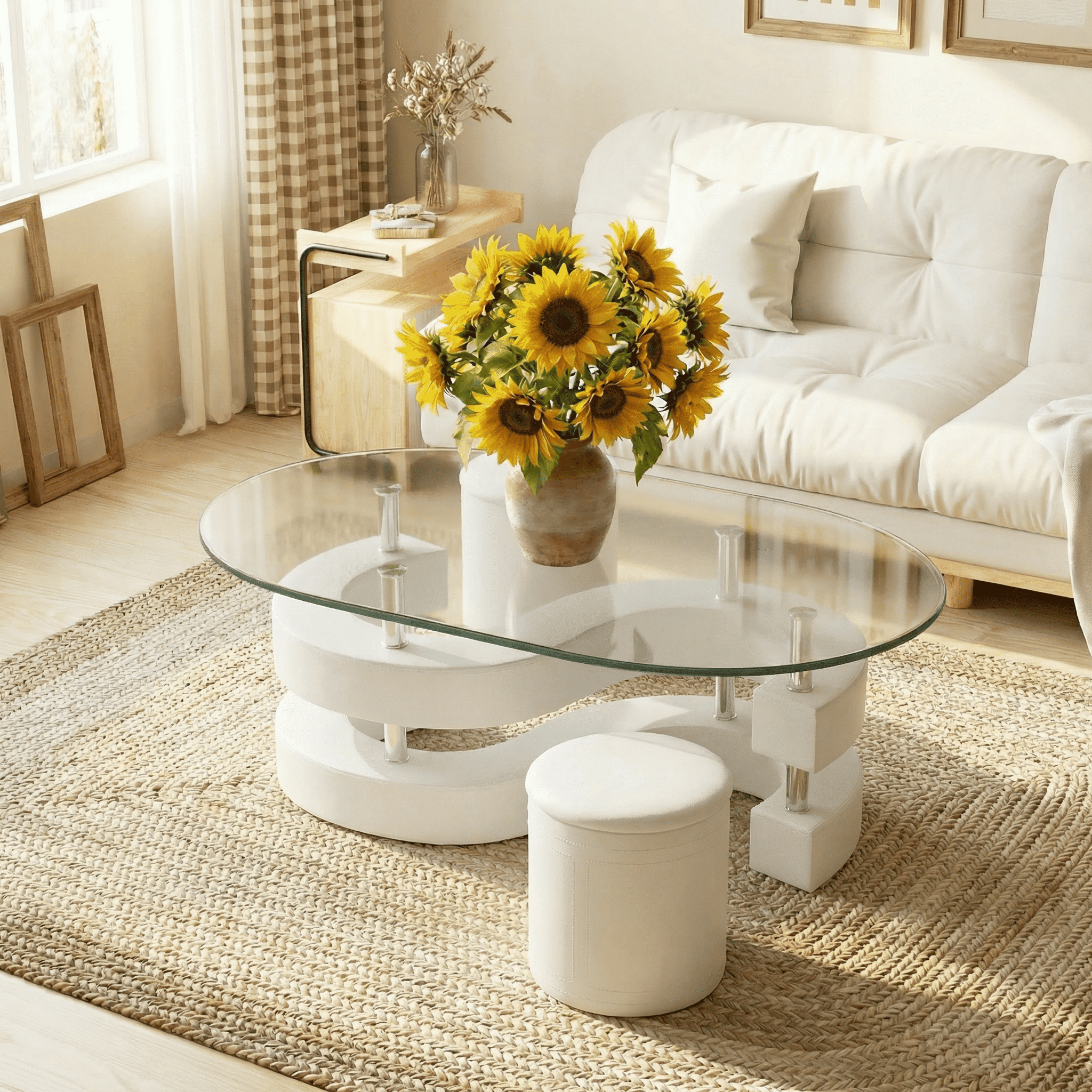 3 Pieces Coffee Table Set, 0.39" Tempered Glass Top and S Shape Base, Oval Modern Coffee Table with 2 Leather Stools, Accent Coffee Table for Living Room Bedroom