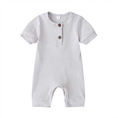 

Amuver Newborn Baby Short Sleeve Romper Knit Ribbed Solid Color Cotton Jumpsuits One Piece O-Neck Button Pajamas Playsuit