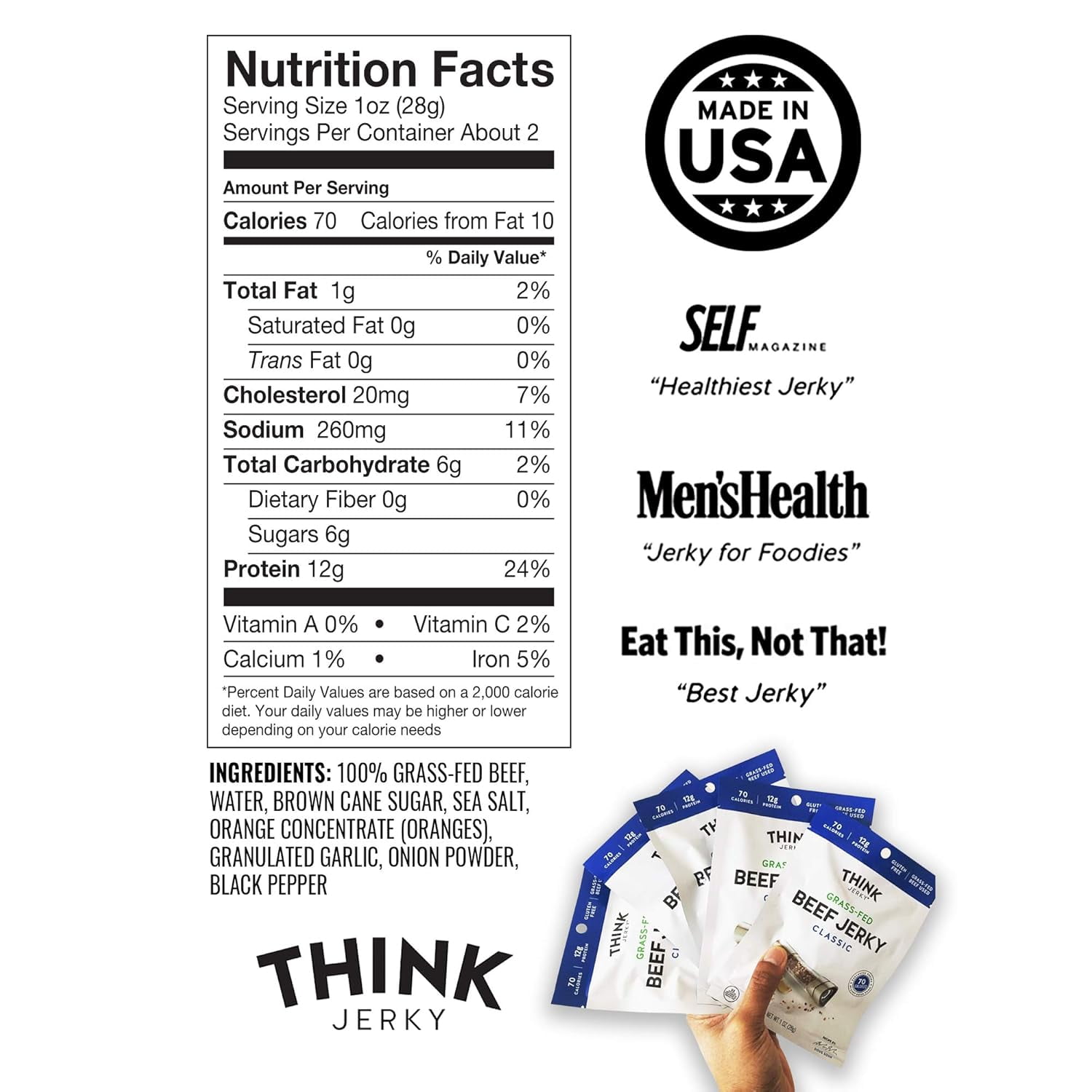 Think Jerky Classic Beef Jerky, Grass-Fed High Protein Beef Jerky, Gluten Free, No Antibiotics or Nitrates, Healthy Chef Crafted Recipe, Low Calorie and Low Fat - 2.2 oz Bags, 8 Pack