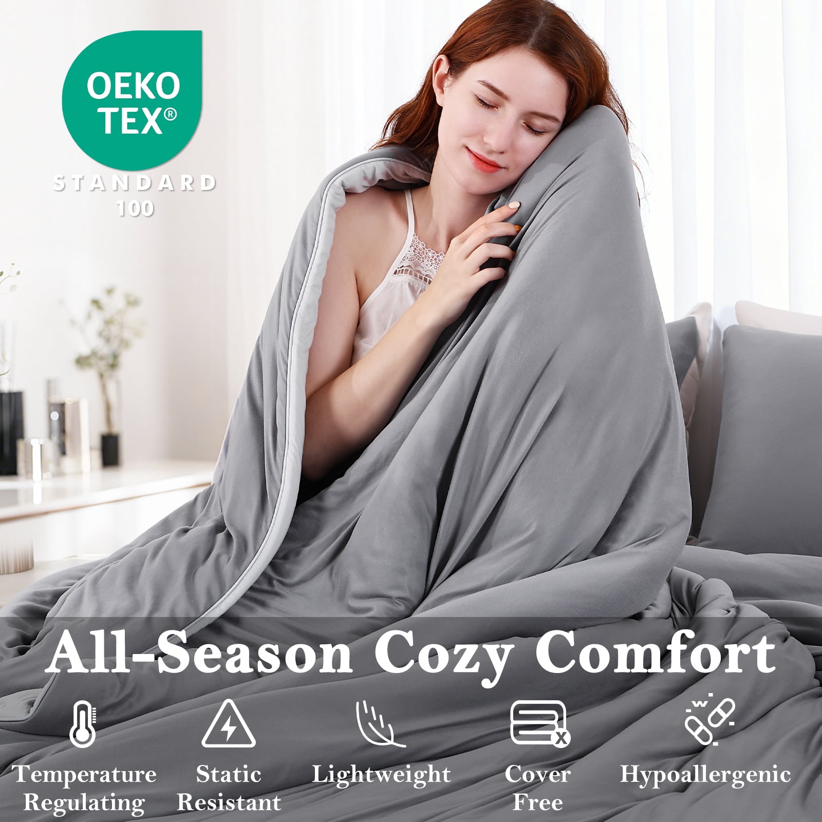 Aship Queen Comforter Set, 3Pcs Cozycash PCM Bedding Set with Temperature Regulating for All Season, Reversible Skin-friendly Bedding, 1Comforter & 2 Pillowcases Gray