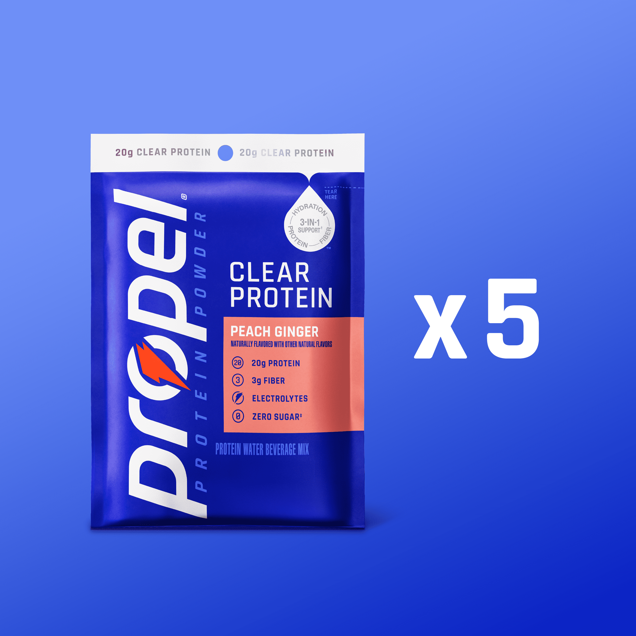 (5 pack) Propel Clear Protein, 20g Protein, Zero Sugar, Peach Ginger, Powdered Clear Protein Drink Mix, 0.98 oz
