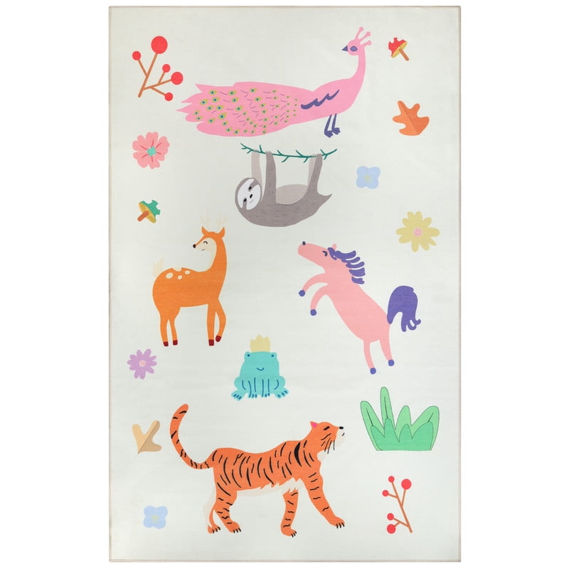 Superior Animal Safari Non-Slip Kids Playroom Nursery Washable Indoor Area Rug, 5' x 8'
