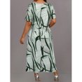 thumbnail image 2 of Olive Green Plus Size Round Neck Short Sleeve Leaf Print Midi Casual Dress For Women Summer, 2 of 5