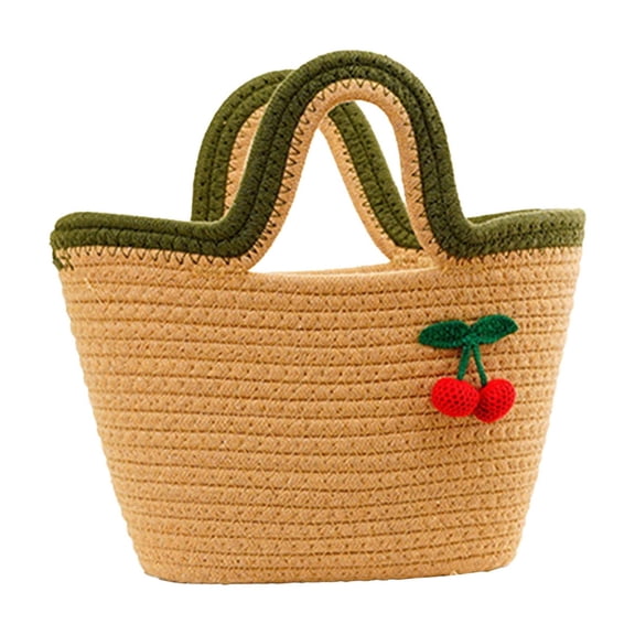 Btomtd Cotton Rope Woven Tote Bag, Cherry Print, Large Capacity Picnic Basket, Storage Purse for Daily Commuting, Handbag Gift for Women, 12.2" x 7.9" x 2.8" (Coffee)