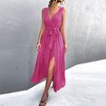 thumbnail image 4 of Sleeveless Dress for Women V Neck Casual Summer Split Long Dress Solid Loose Comfy Elegant Belted Tank Party Dress, 4 of 7
