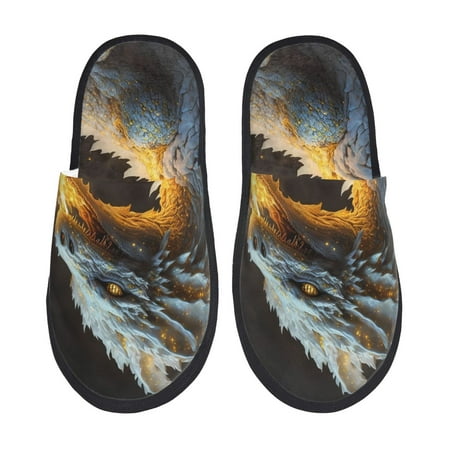 Balery Golden White Fire Dragon Slient Indoor Furry Fleece Comfort House Shoes Soft Non-Slip Home Shoes Cotton slippers House Slippers-- Large