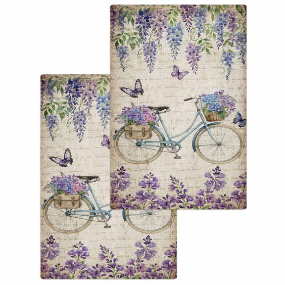 Purple Flowers Kitchen Dish Towels for Drying Dishes Set of 2, Weeping Spring Floral Bicycle Retro Art Waffle Weave Microfiber Hand Tea Bathroom Towels Quick Dry & Absorbent Towel 15.7x23.6