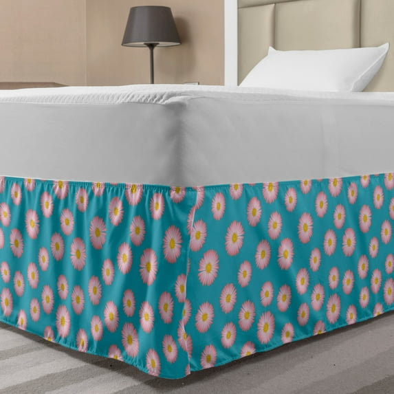 Blue and Pink Bed Skirt, Repeating Delicate Flower Petals in Various Sizes, Elastic Bedskirt Dust Ruffle Wrap Around for Bedding Decor, 4 Sizes, Sea Blue Earth Yellow, by Ambesonne