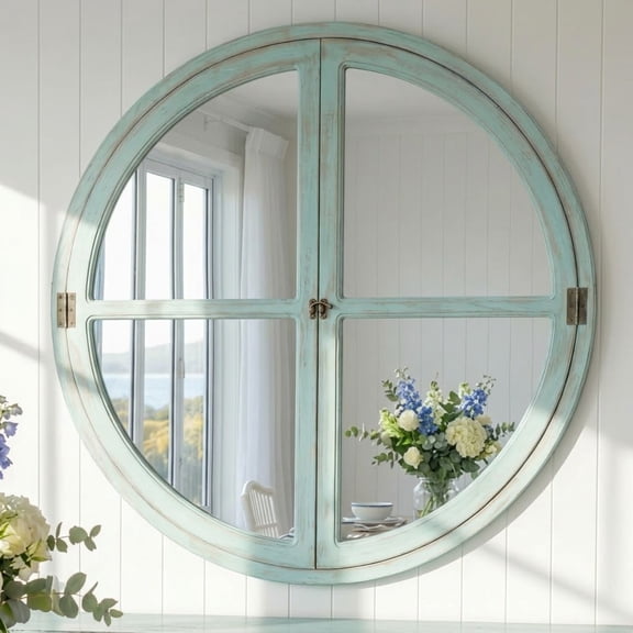 30" Round Windowpane Wall Mirror, Distressed Teal Solid Wood Farmhouse Accent Mirror with Tempered Glass for Entryway, Living Room