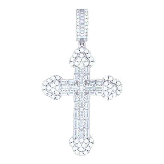 925 Sterling Silver Mens Baguette Round Cubic-Zirconia Cross Religious Charm Pendant