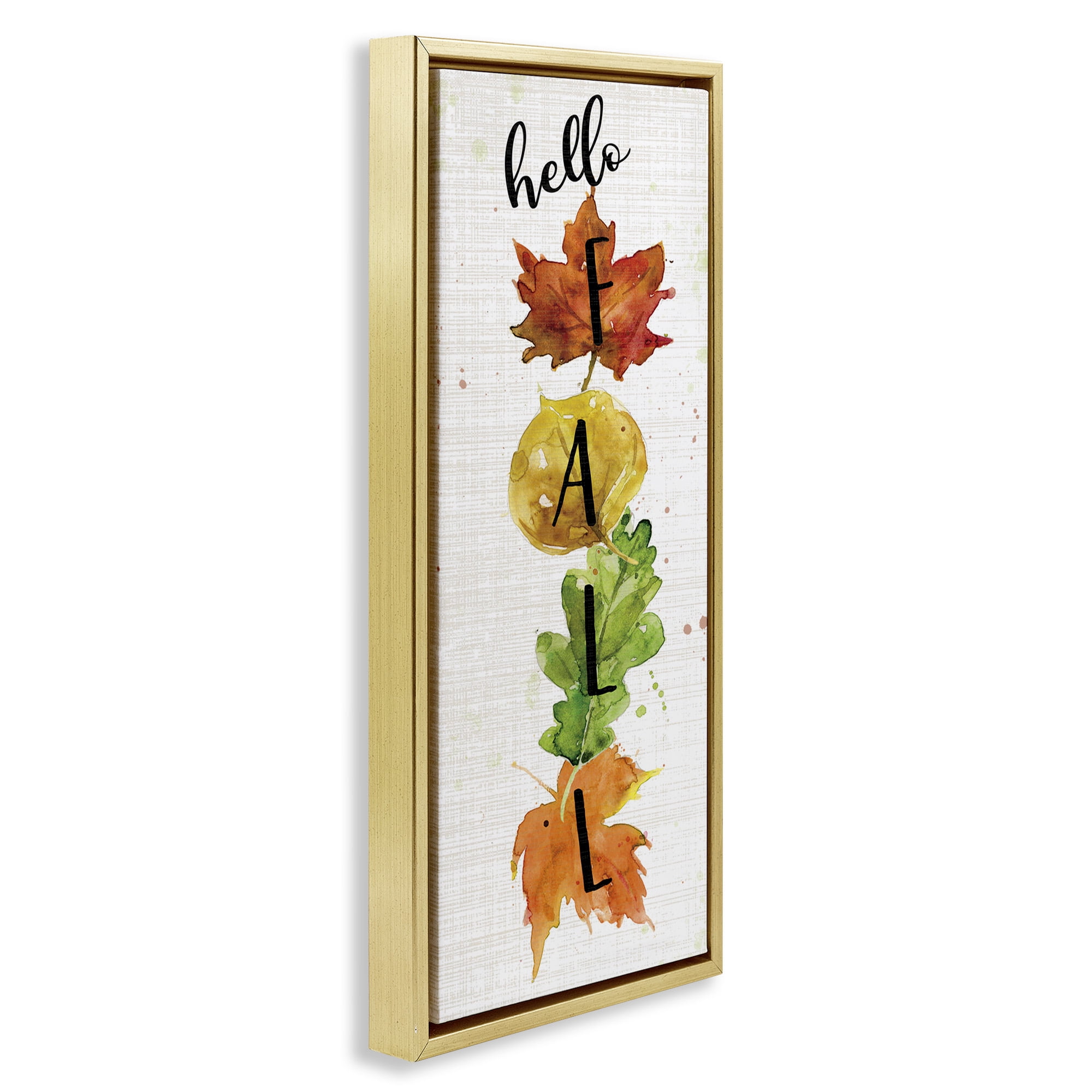 Stupell Industries Hello Fall Autumn Greeting Botanical & Floral Painting Gold Floater Framed Canvas Art Print Wall Art, 15 x 31