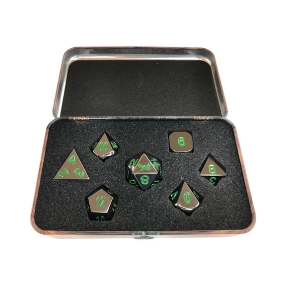 Skullsplitter Metal Black Dragon Shiny Black Nickel with Green Numbers Polyhedral 7-Die Dice Set (Warlock Tome Case)