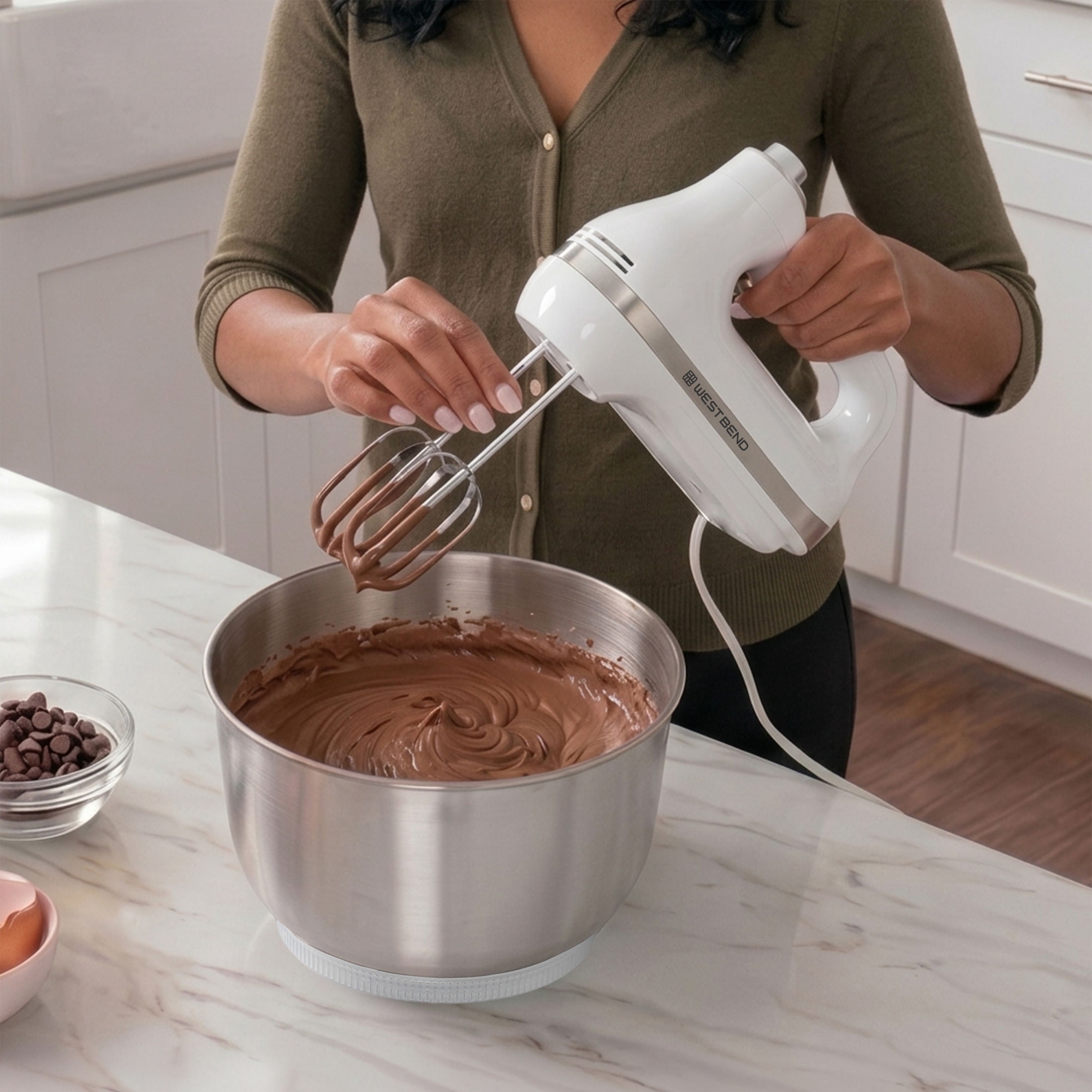 West Bend Two Sweet 2-in-1 Mixer, 4.4 Qt Capacity, Hands-Free Stand or Hand Mixer, 11 Speeds, Stainless Steel Bowl, in White (SMWB2N1WH13)