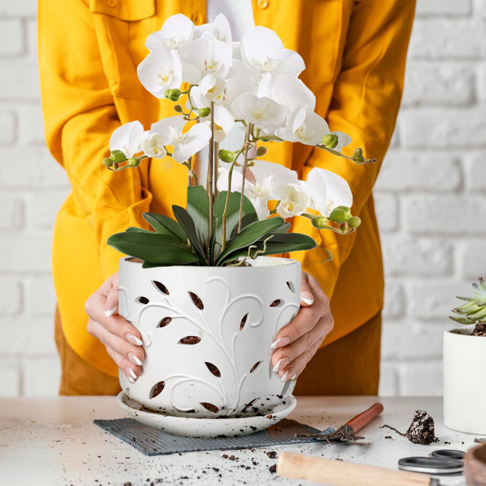 BUYMAX orchid pot, 7 inch ceramic planter with drainage holes and tray, white indoor/outdoor flower pot for orchid care and root health