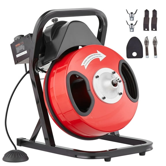 VEVOR Drain Cleaner Machine 50FT x 1/2 Inch, Manual Feed Sewer Snake Auger - with 4 Cutters & Air-activated Foot Switch for 2" to 4" Pipes