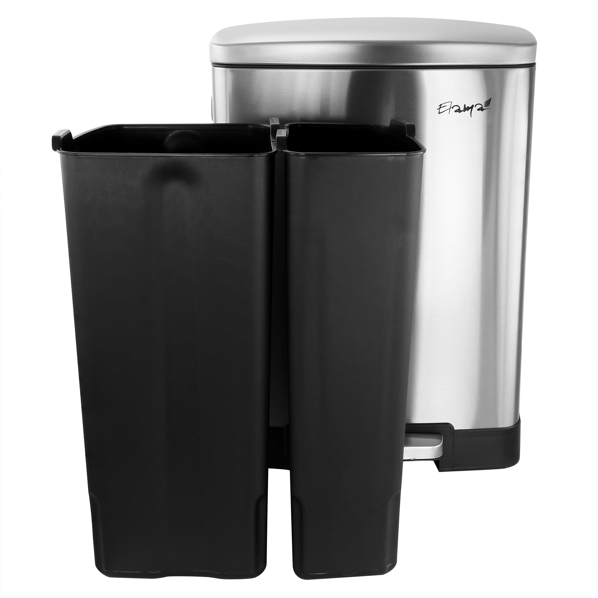 Elama 40 Liter 2 Compartment Large 10.6 Gallon Split Stainless Steel Step Trash Bin with Slow Close Mechanism