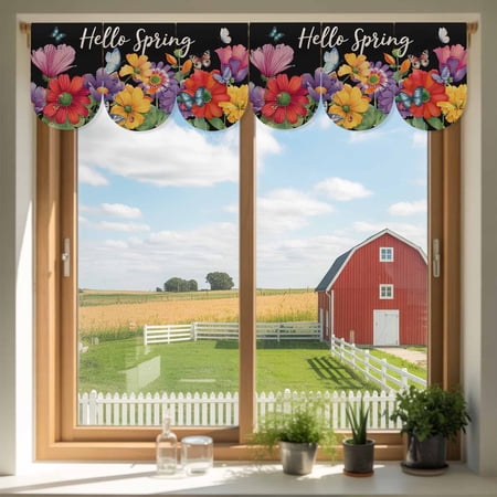 Hello Spring Door Banner Red Yellow Purple Flower Butterfly Floral Black Background Small Scalloped Hanging Banner for Door Hanging Flag Backdrop Decoration for Wall Window Party 3pcs 10 x 16 Inch