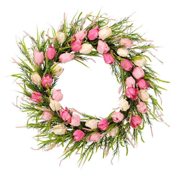 Puleo International 30" Artificial Tulip Floral Spring Door Wreath, Green/Pink