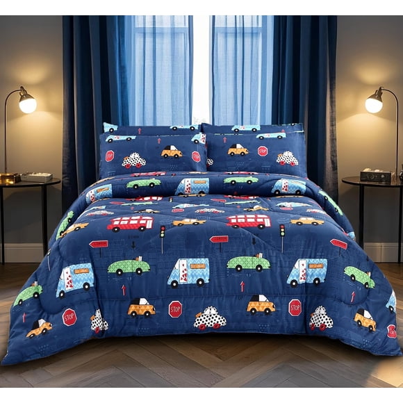 Juego de ropa de cama MAG Cartoon Car de tamaño completo de microfibra suave