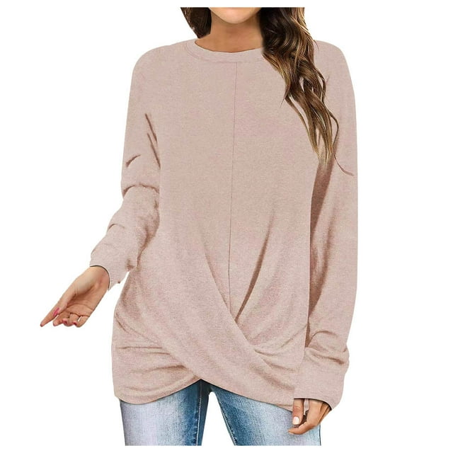 Besolor 2024 Chemise à Manches Longues pour Femmes Tunique Décontractée Printemps Automne Hauts Croisés Froncé devant Blouse Col Rond T-Shirts