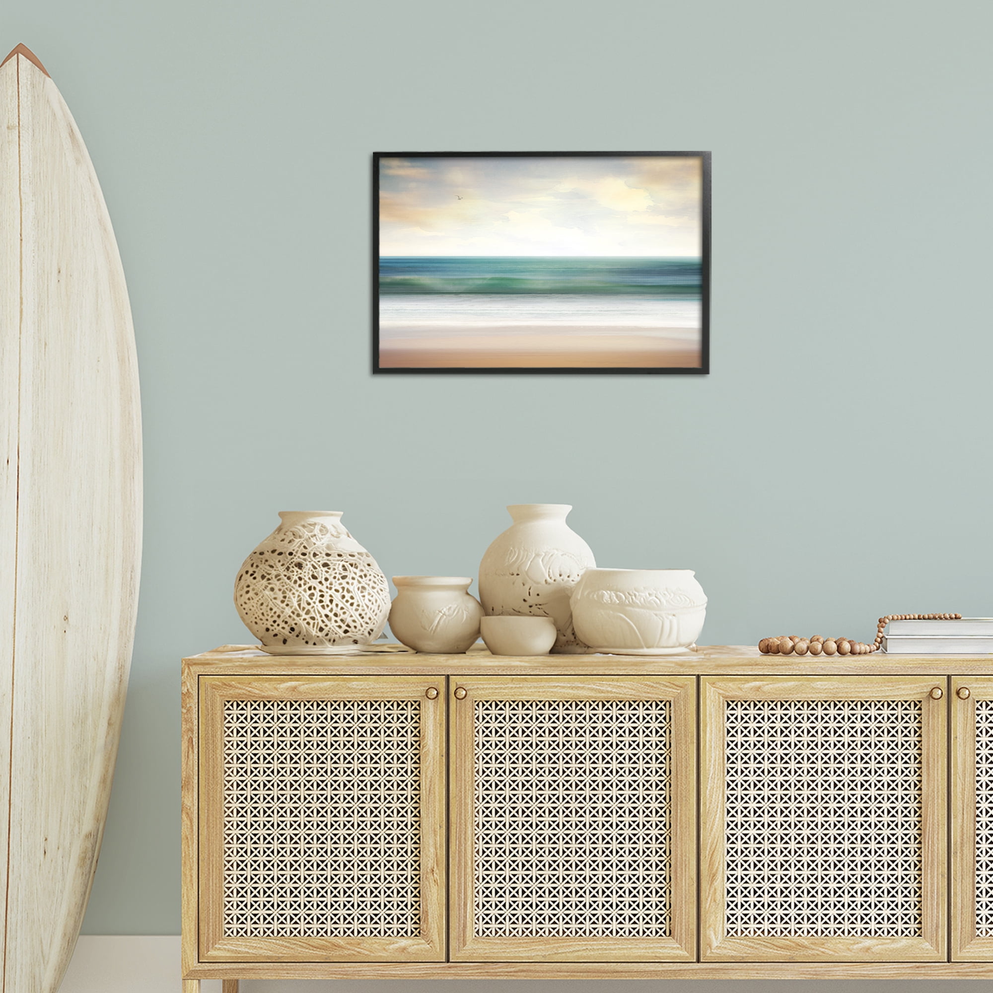 Stupell Industries Lone Seagull Over Beach Landscape Painting Black Framed Art Print Wall Art, 24 x 16