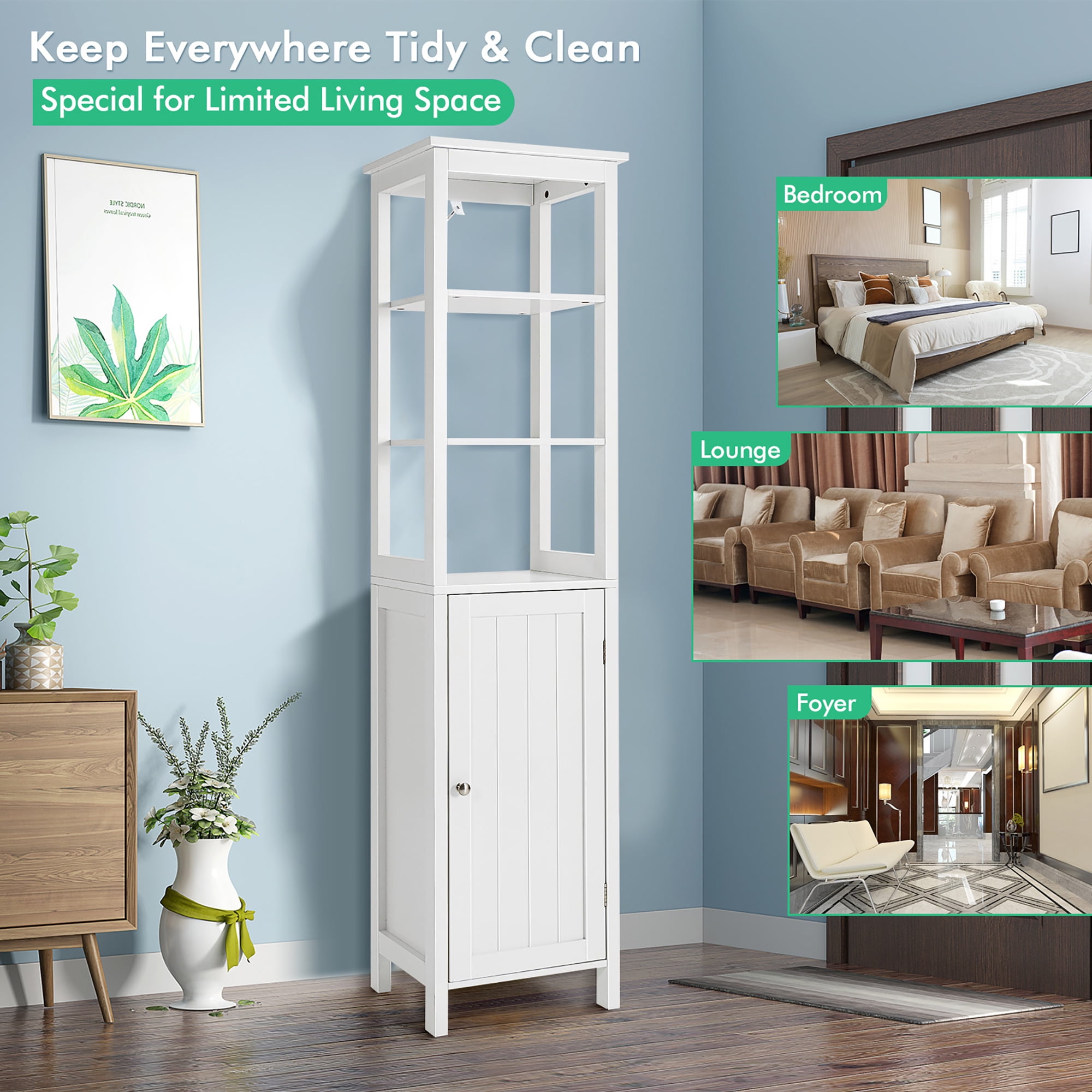 Costway Bathroom Tall Storage Cabinet Freestanding Linen Tower w/ Open  Shelves & Drawer