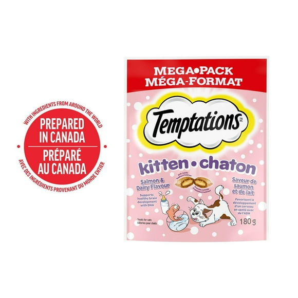 Gâteries pour chatons TEMPTATIONS saveur de saumon et de lait 180 g