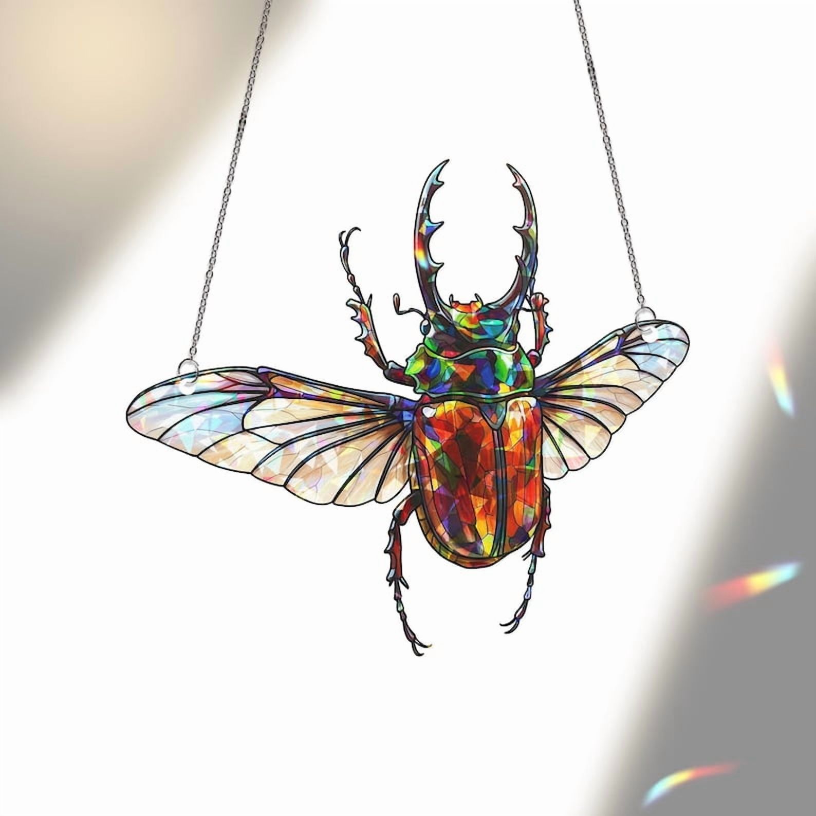 ViciArt Atlas Beetle Acrylic Suncatcher – 12" Holographic Insect Window Hanging, Stained Glass Style Bug Decor with Wings, Rainbow Light Prism Ornament
