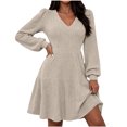 thumbnail image 2 of Karymi Dresses for Women Brushed Ribbed Knit Mini Dress Deep V Neck Lantern Long Sleeve High Waist Flared Ruffle Hem Casual Fall Short Dress, 2 of 8