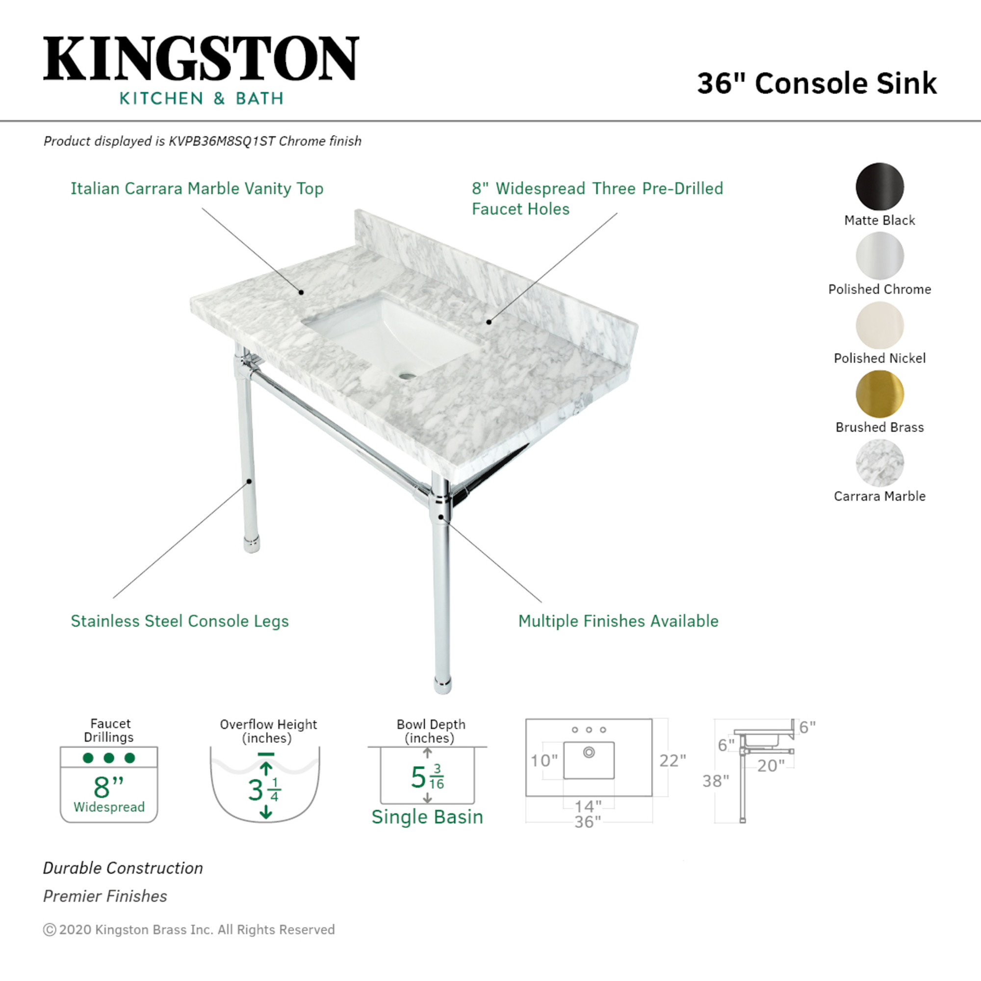 Kingston Brass KVPB36M8SQ6ST Dreyfuss 36" Carrara Marble Vanity Top with Stainless Steel Legs (8-Inch, 3-Hole), Carrara Marble White/Polished Nickel