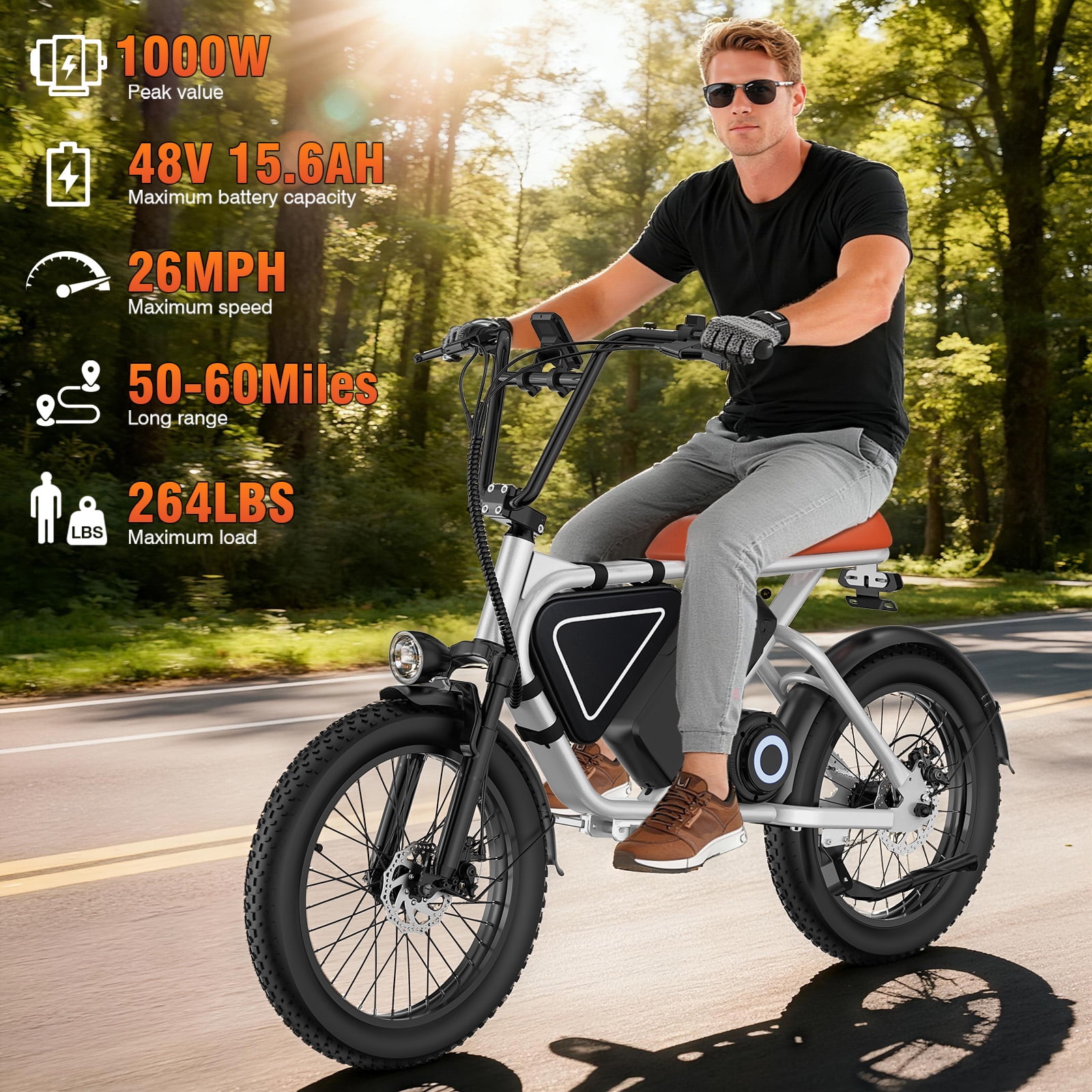20 in Adult Electric Bicycle, 1000W Brushless Mid-Drive Motor, 48V 15.6Ah, Range Up To 50-60 Miles, Dual Disc Brakes, Ip54 Waterproof, 264 Lbs Load Capacity.White