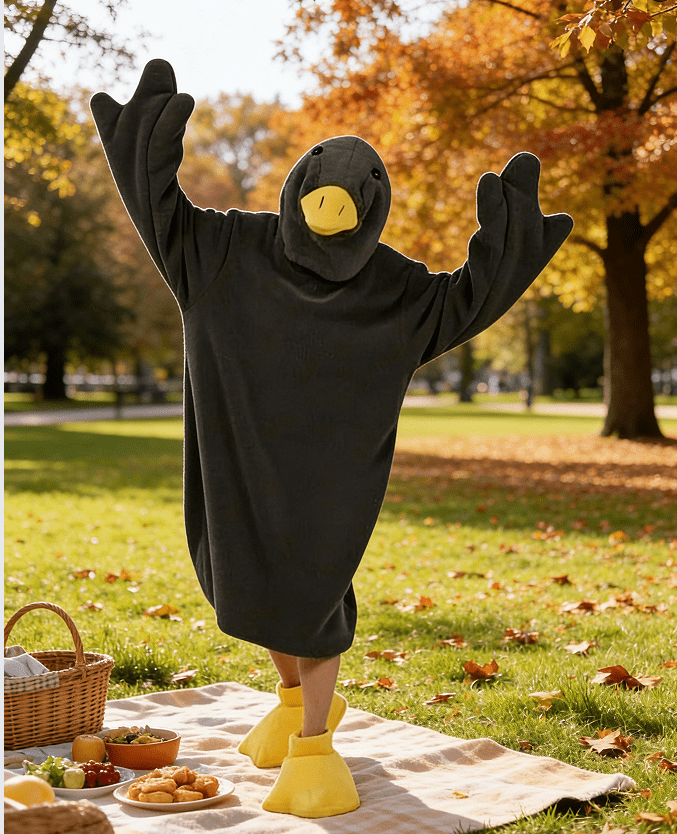 Oioii Goose Blanket Hoodie Onesie, Fleece Oversized Wearable Blanket Hoodie with Sleeves and Goose Feet Slippers, L