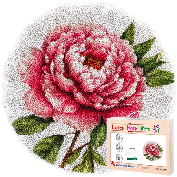Latch Hook Rug Kit Peony Flower Stamped Handmade Round Shape Carpet Crochet Yarn Craft DIY Hook and Latch Door Mat Tapestry for Christmas Home Floor Decor 50x50cm(3)