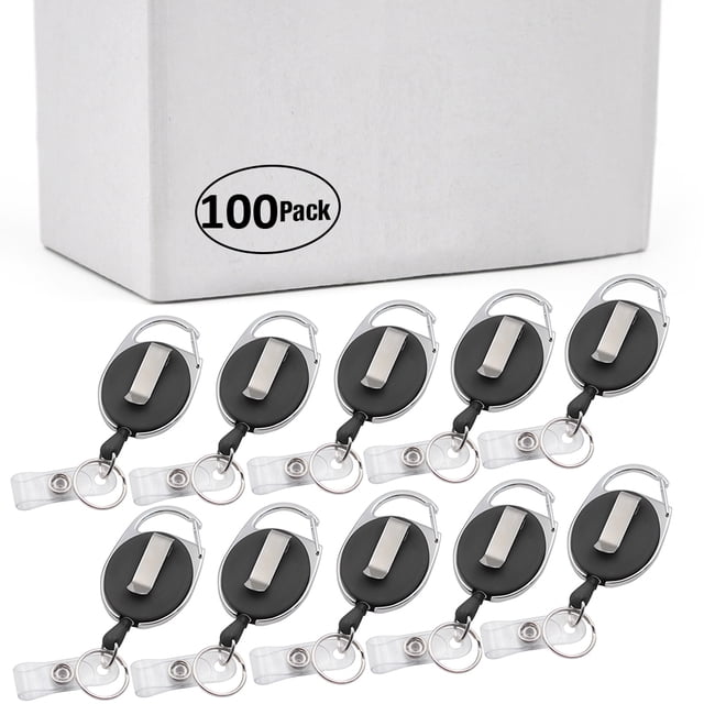 GOGO Porte-Badge Mousqueton Rétractable en Gros, Lanière pour Carte d'Identité - Noir Uni - 100 Pcs