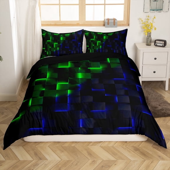 Erosebridal Black Green Blue Plaid Twin Bedding,Abstract Futuristic Cubes Duvet Cover Set,Geometric Theme Room Decoration,2pcs,No Comforter