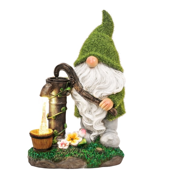 TERESA'S Collections Garden Gnomes Decor with Solar Lights, Fathers Gifts, Green Outdoor Resin Decorations for Porch Patio, Gnome Ornaments for Dad and Mom,9"