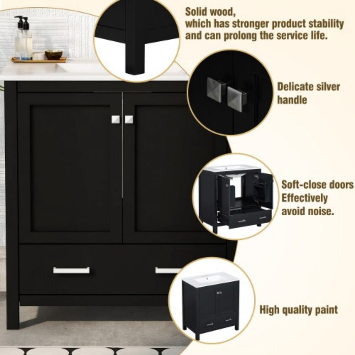 30" Bathroom Vanity with Sink, Modern Bathroom Cabinet with Ceramic Undermount Sink, Solid Wood Frame Storage Cabinet with Soft Close Doors, Drawer Organizer, Black