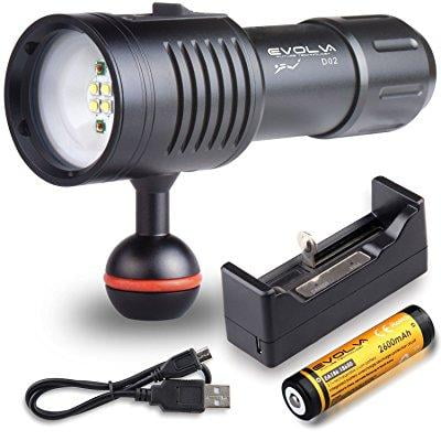 evolva future technology d02 scuba diving underwater 100m video camera photography light torch flashlight (torch + battery + (Best Settings For Underwater Photography)