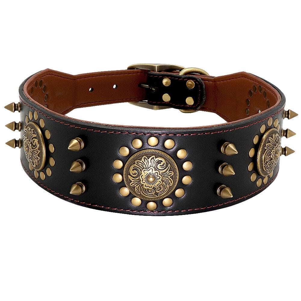 Didog Genuine Leather Spiked Studded Medium Large Dog Collar- Heavy Duty Pet Collars Wide Adjustable Rivet Neck Strap Pitbull Mastiff(Black,L)