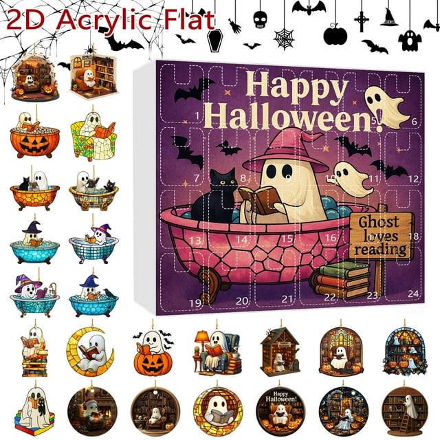 Halloween 2D Reading Ornament Set Halloween Christmas Tree Reading Ornament 2D Acrylic Halloween Reading 2D Calendar Ornament Set Battery Operated Christmas Lights with Timer Short Digital Kitchen