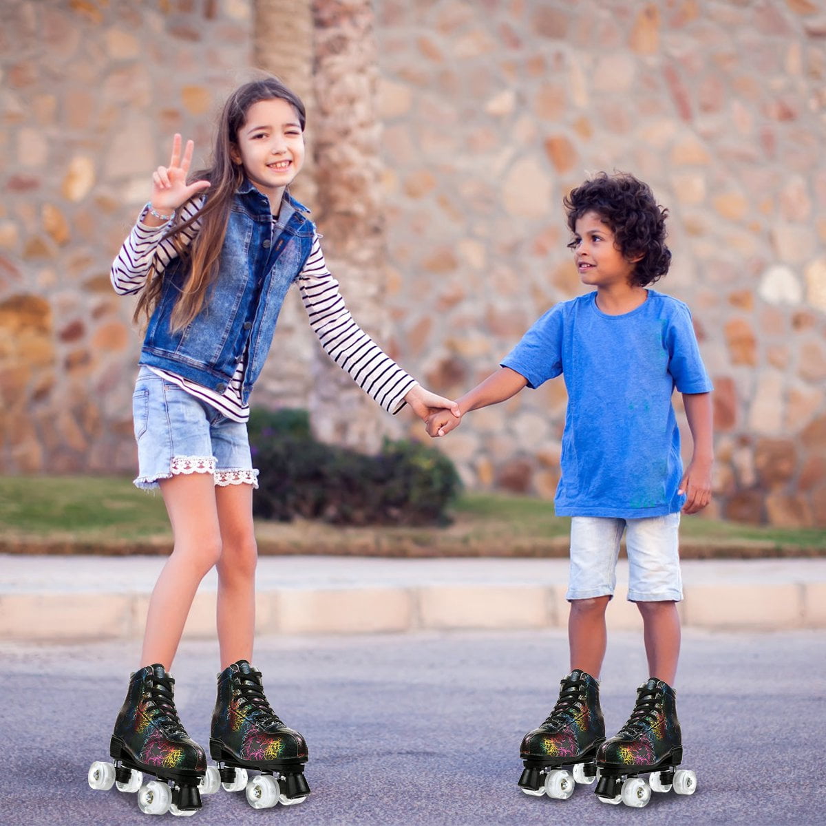 EONROACOO Boys Girls Roller Skates for Kids Teen, Light up Black Double Row Skates(Youth 4/Women's 4.5/Men 4)