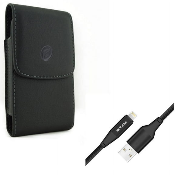 Charger Cord 6ft USB Cable w Leather Case Belt Clip for iPhone XS X 8 7 6S 6 - Power Wire Braided Long Sync Fast Charge, Holster Cover Pouch Vertical Carry Protective