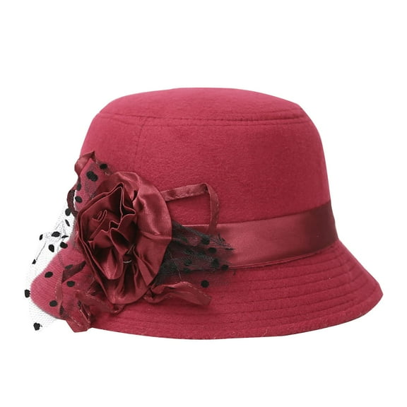 AirLoni Bowler Hat For Women Solid Color Woolen Flower Decor Lightweight Wide Brim Warm Cloche Sun Hats Summer Beach Hats For Camping Travel Brick Red,One Size